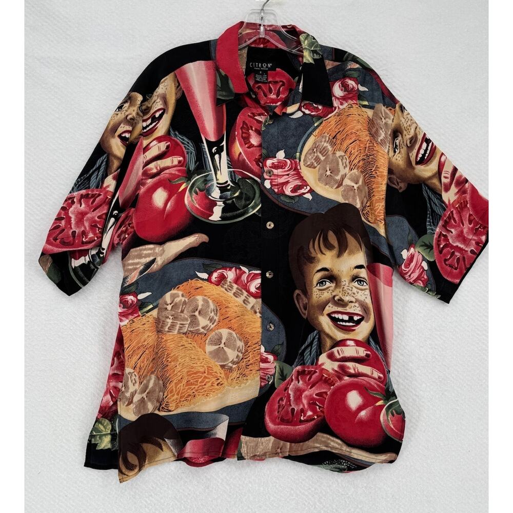 Citron Santa Monica Mens Boy Tomato Graphic Silk Collared Button Shirt Sz S